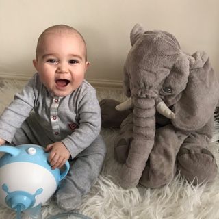 An amused baby boy holding the bear-shaped Nosiboo Pro by its ears while sitting on a bed next to a plush elephant