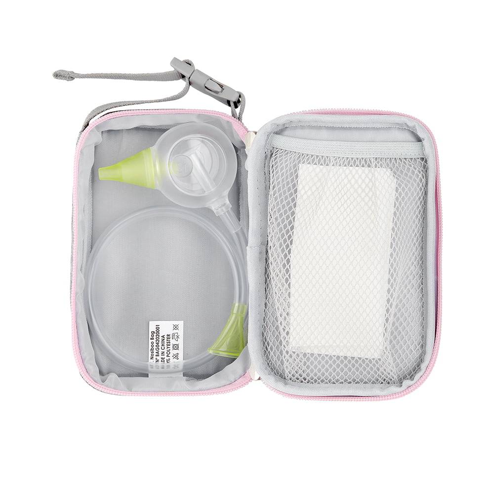 An open Nosiboo Bag Toiletry Bag with a Nosiboo Eco Manual Nasal Aspirator inside