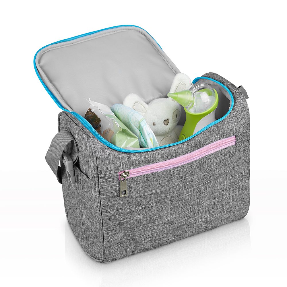 An open Nosiboo Bag Baby Organizer containing the Nosiboo Go Portable Nasal Aspirator and other baby accessories